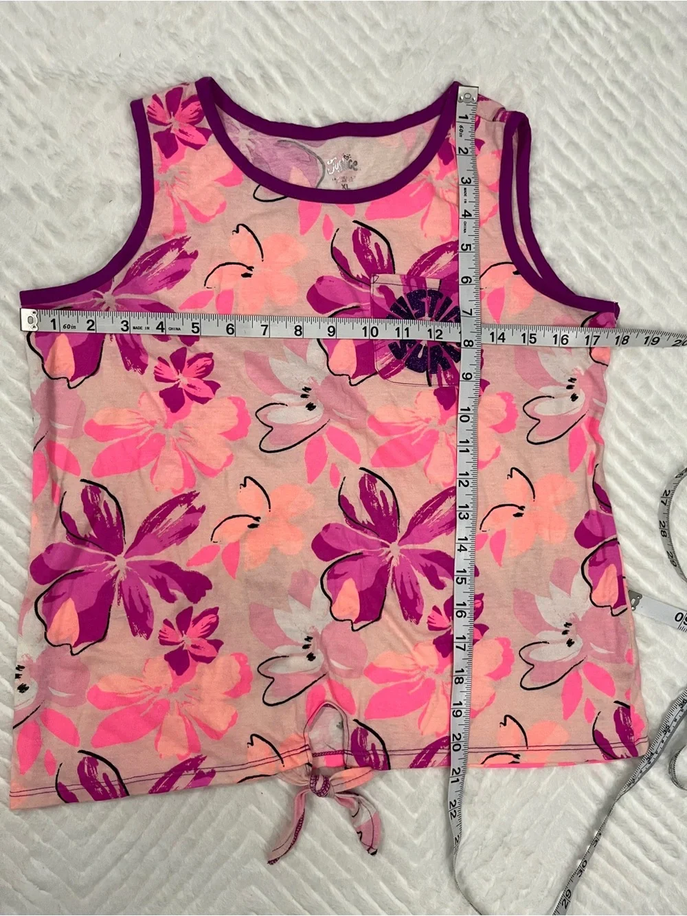 Justice Girls' Floral Tie-Hem Tank Top Pink Purple Sequin t shirt size xl